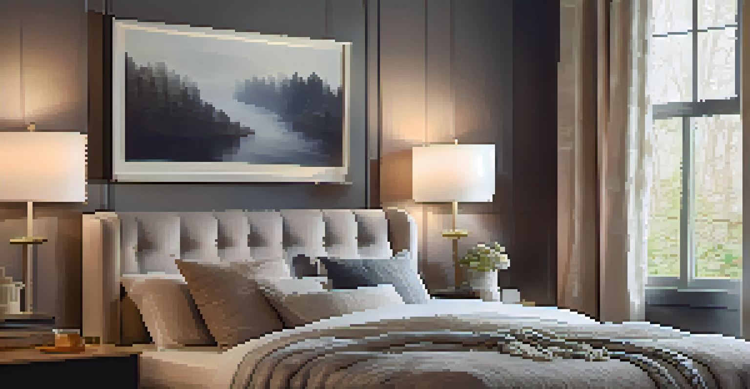 A serene bedroom with dimmable LED lights, showcasing a bed, bedside table, and soft curtains, creating a peaceful atmosphere.