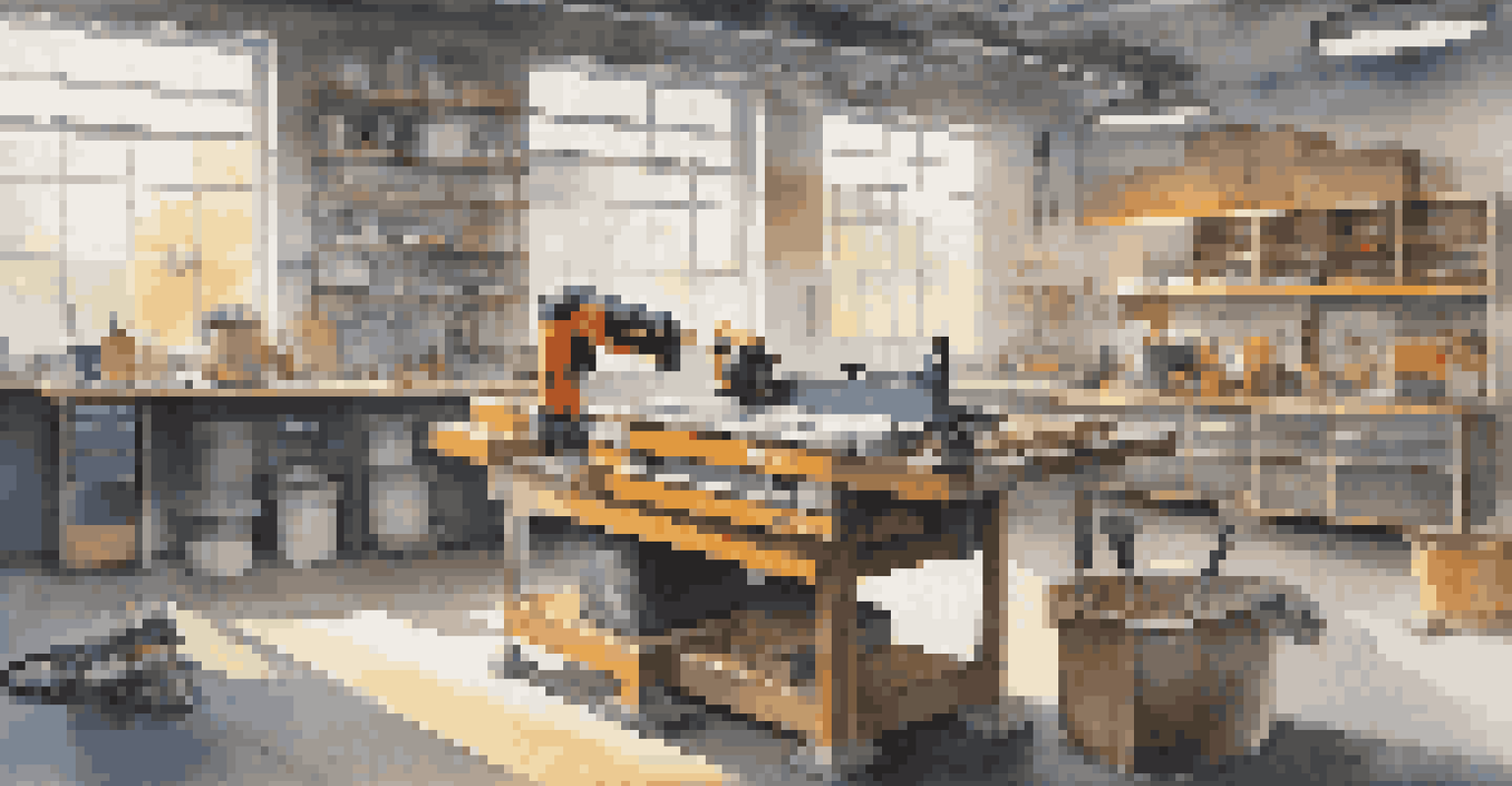 A bright workshop with a cordless drill and circular saw on a workbench, accompanied by safety gear like goggles and gloves.