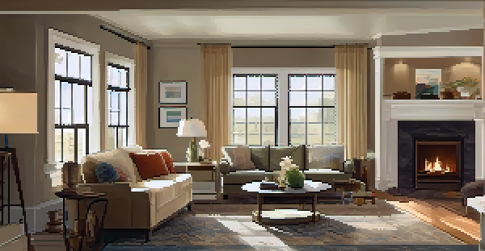 A bright and cozy living room with wide doorways and a wheelchair ramp, designed for accessibility, featuring warm colors and soft textures.