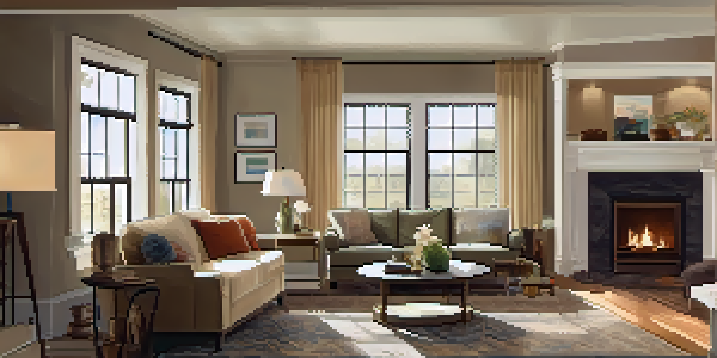 A bright and cozy living room with wide doorways and a wheelchair ramp, designed for accessibility, featuring warm colors and soft textures.