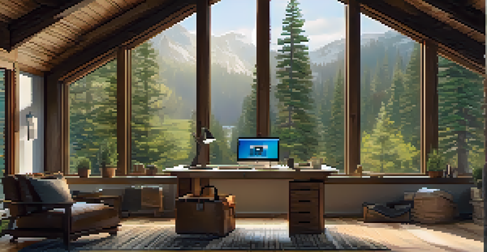 A mountain cabin interior with a home office setup, featuring a desk and laptop in front of a large window with forest views.