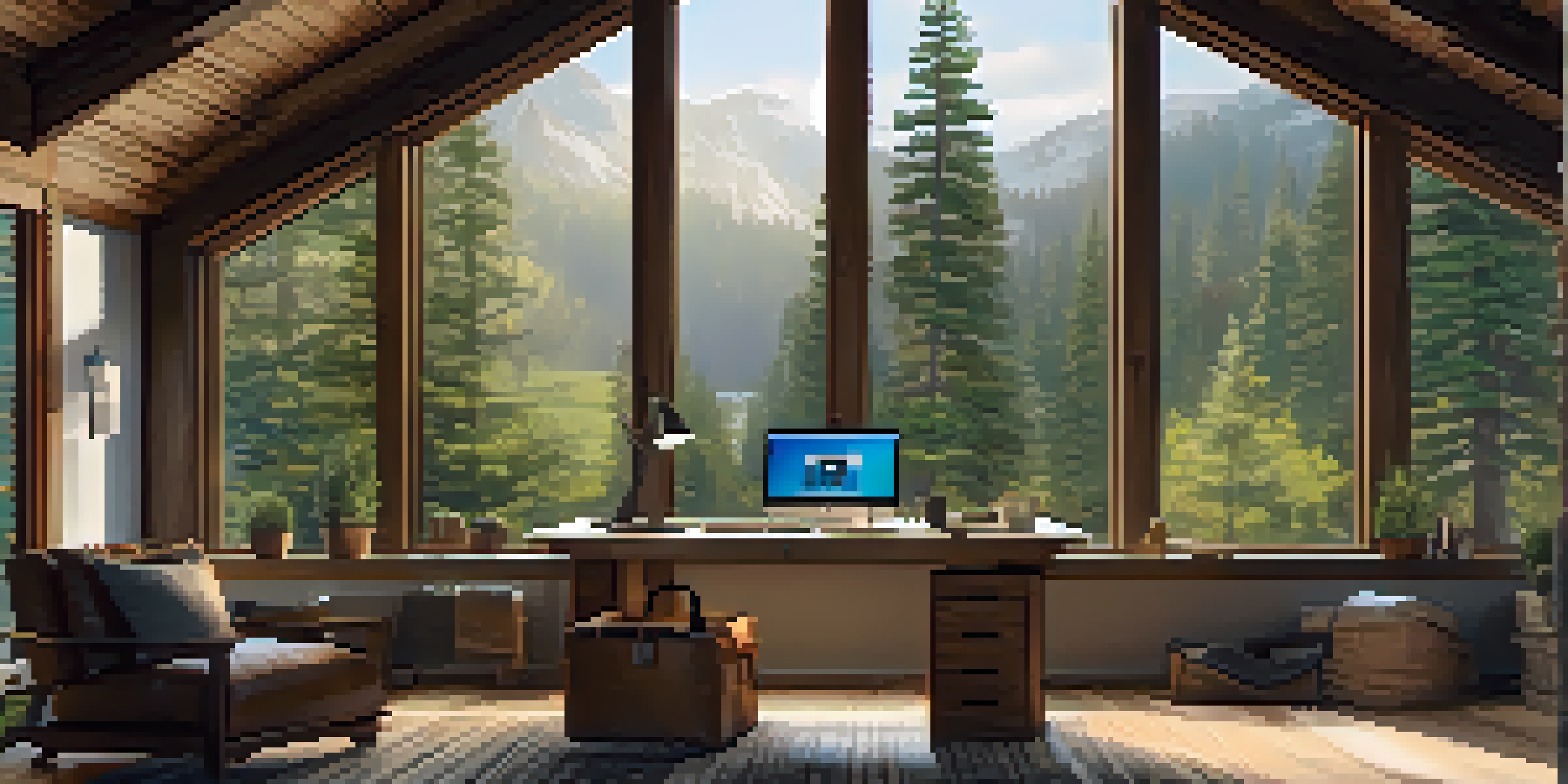 A mountain cabin interior with a home office setup, featuring a desk and laptop in front of a large window with forest views.