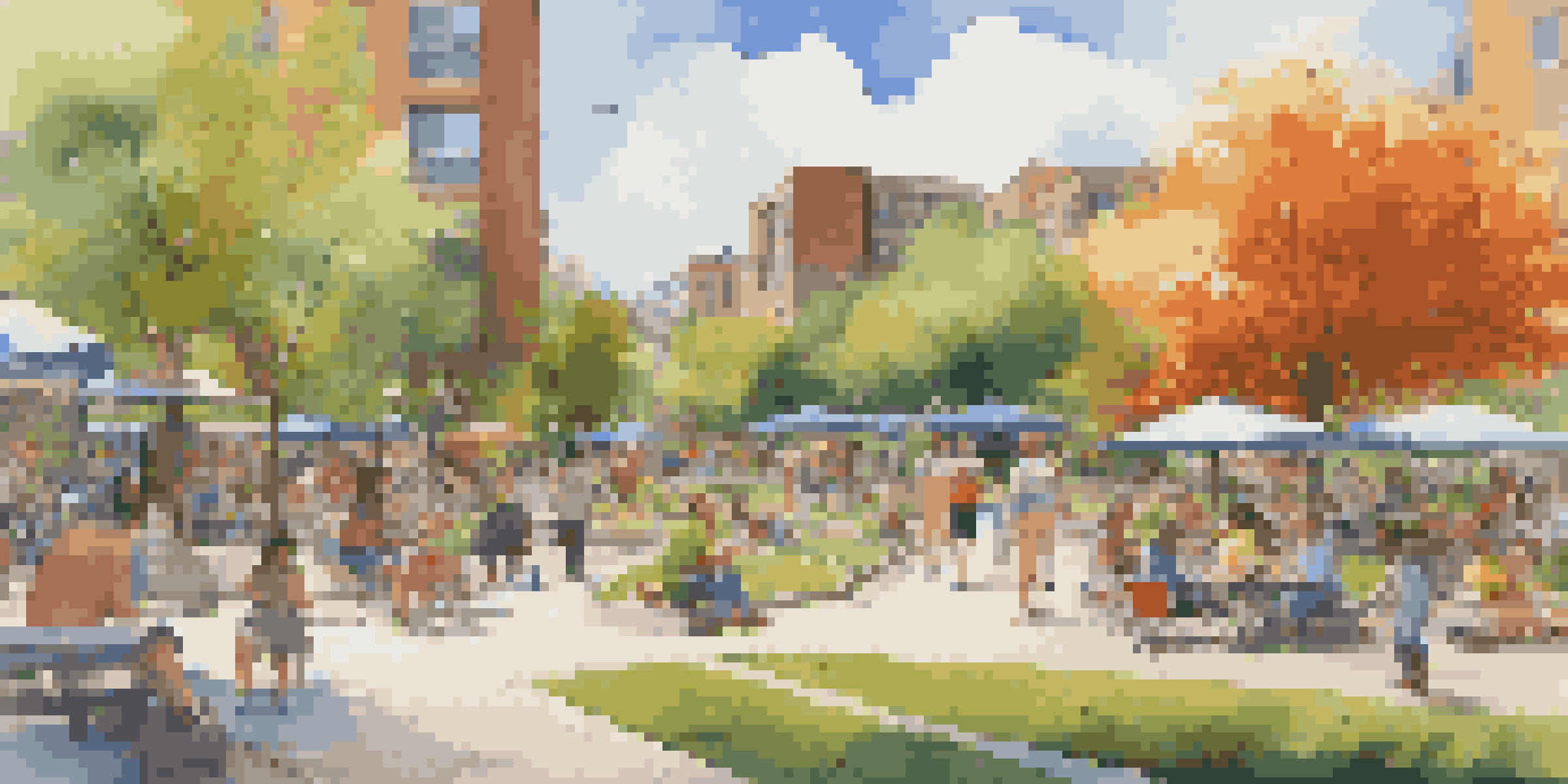 A bustling urban park with families enjoying the outdoors, surrounded by modern buildings and colorful flowers.