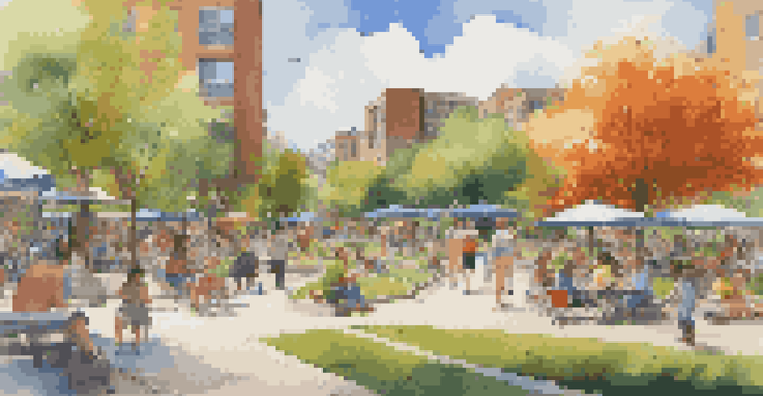 A bustling urban park with families enjoying the outdoors, surrounded by modern buildings and colorful flowers.