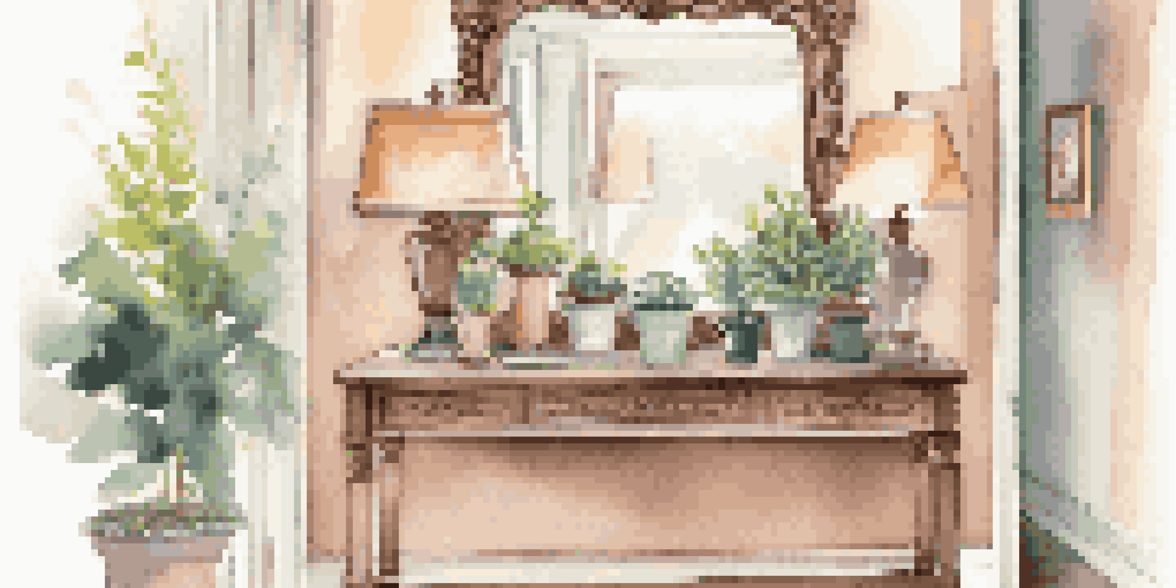 A cozy entryway with a large ornate mirror reflecting sunlight, pastel walls, and potted plants beside a console table.