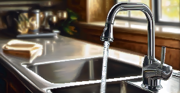 A detailed view of a kitchen faucet with a drip of water, illuminated by warm light in a blurred kitchen setting.