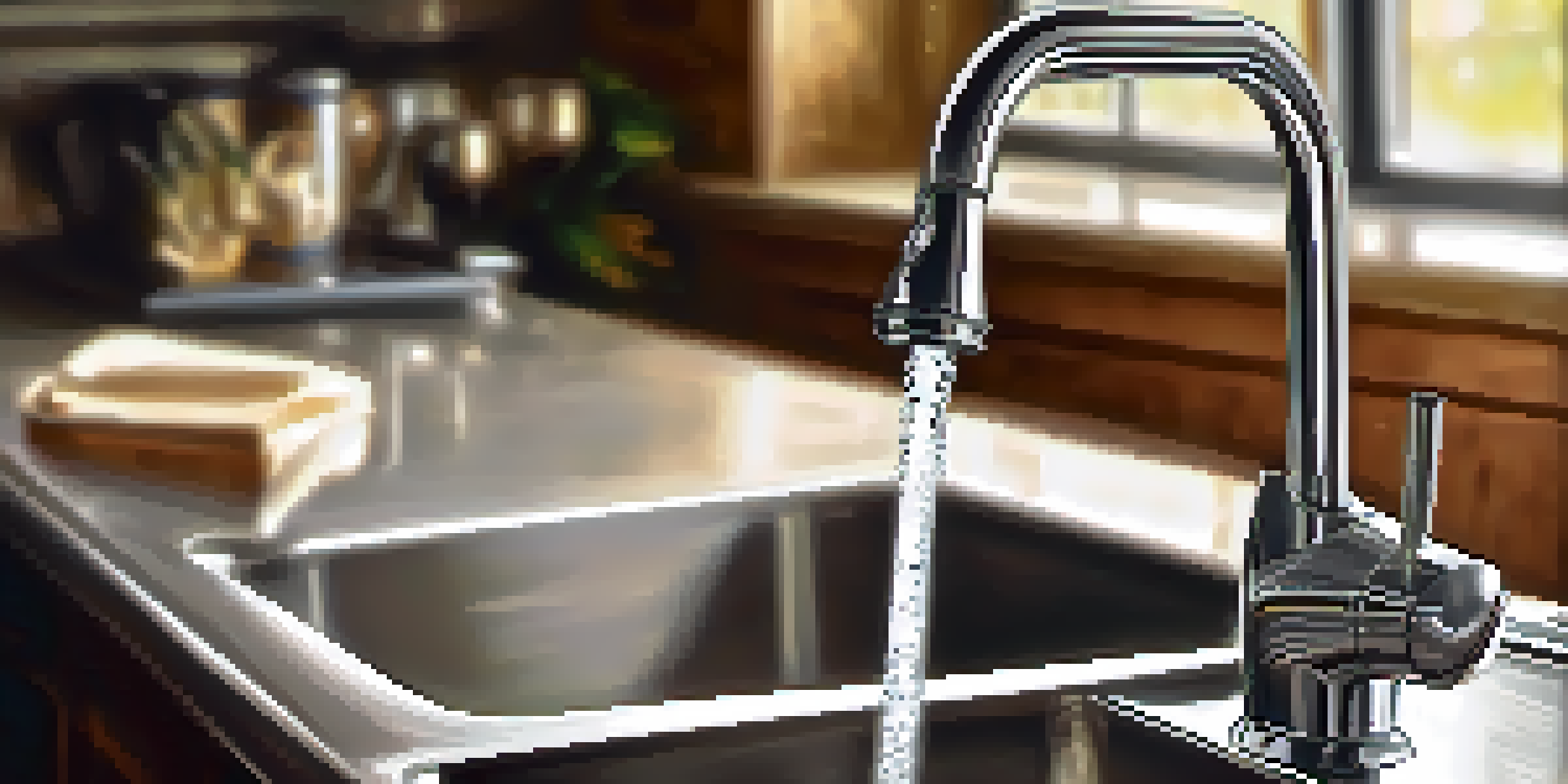 A detailed view of a kitchen faucet with a drip of water, illuminated by warm light in a blurred kitchen setting.