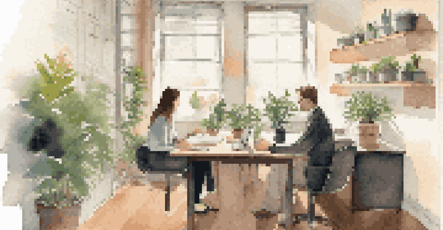 A seller and buyer in a serene office setting, actively engaged in a conversation with a warm atmosphere.