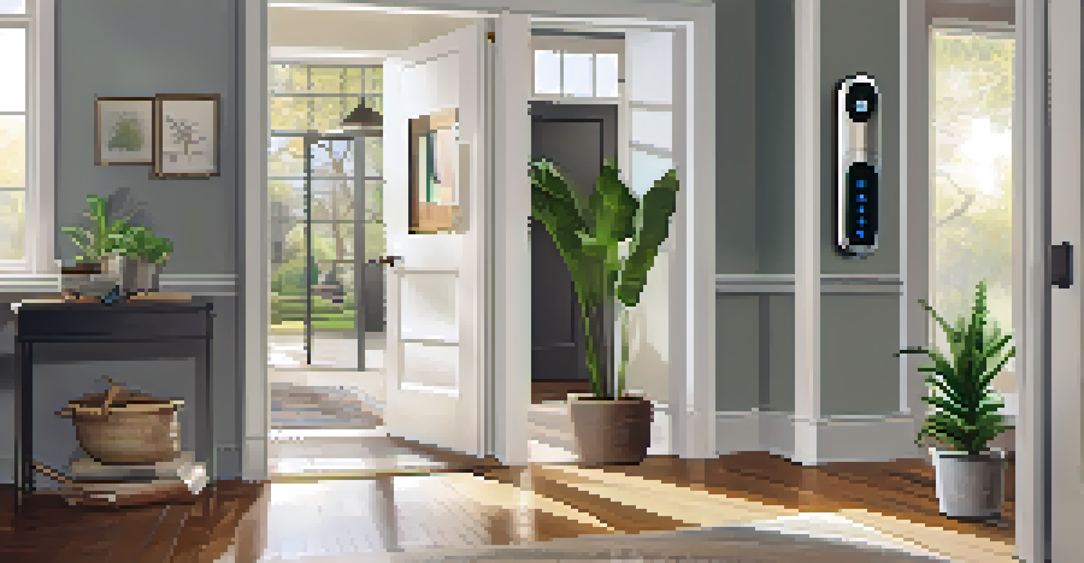 A front door with a smart lock, partially open, and a smartphone showing a lock notification.