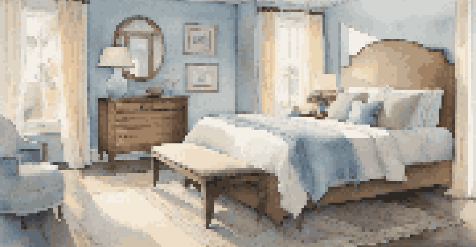 A peaceful bedroom with pale blue walls and light-colored bedding. Natural light floods the room, complemented by soft pastel curtains and a contrasting dark rug.