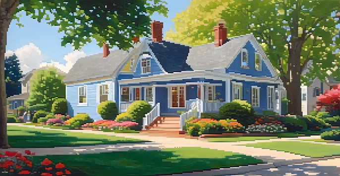 A charming house in a vibrant neighborhood with gardens and children playing in a park under a clear blue sky.