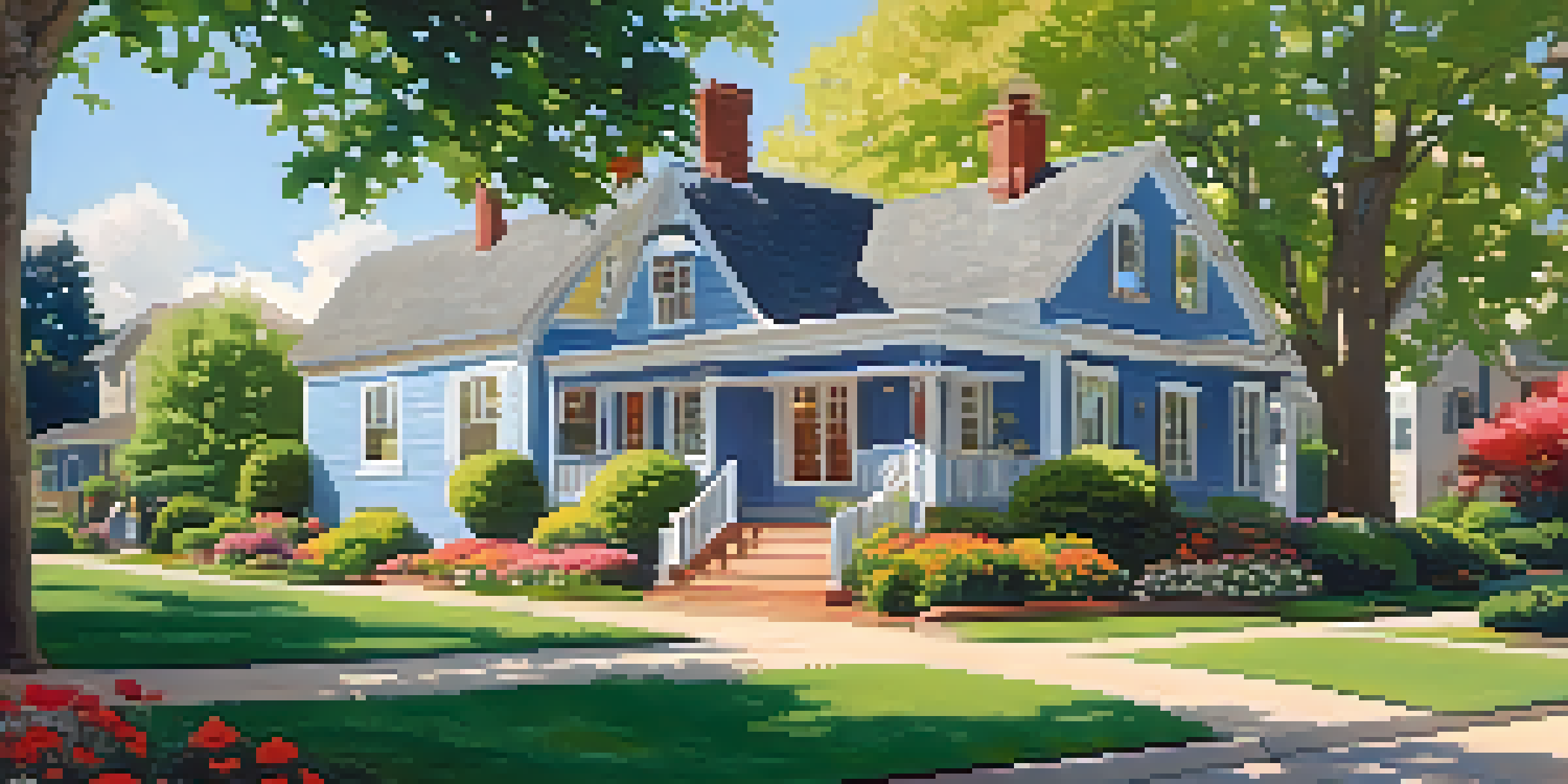 A charming house in a vibrant neighborhood with gardens and children playing in a park under a clear blue sky.