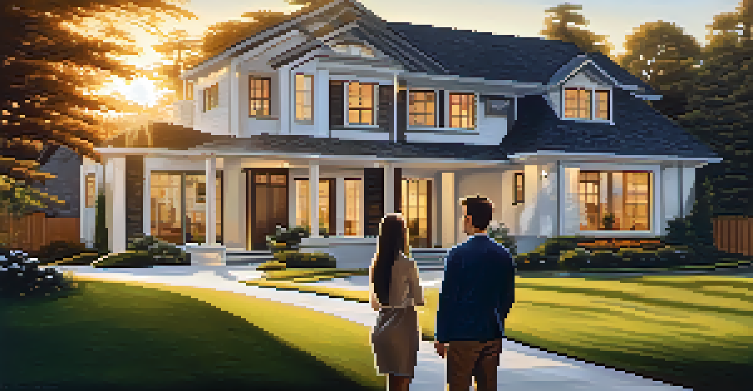 A couple discussing a home purchase in front of a modern house during sunset.