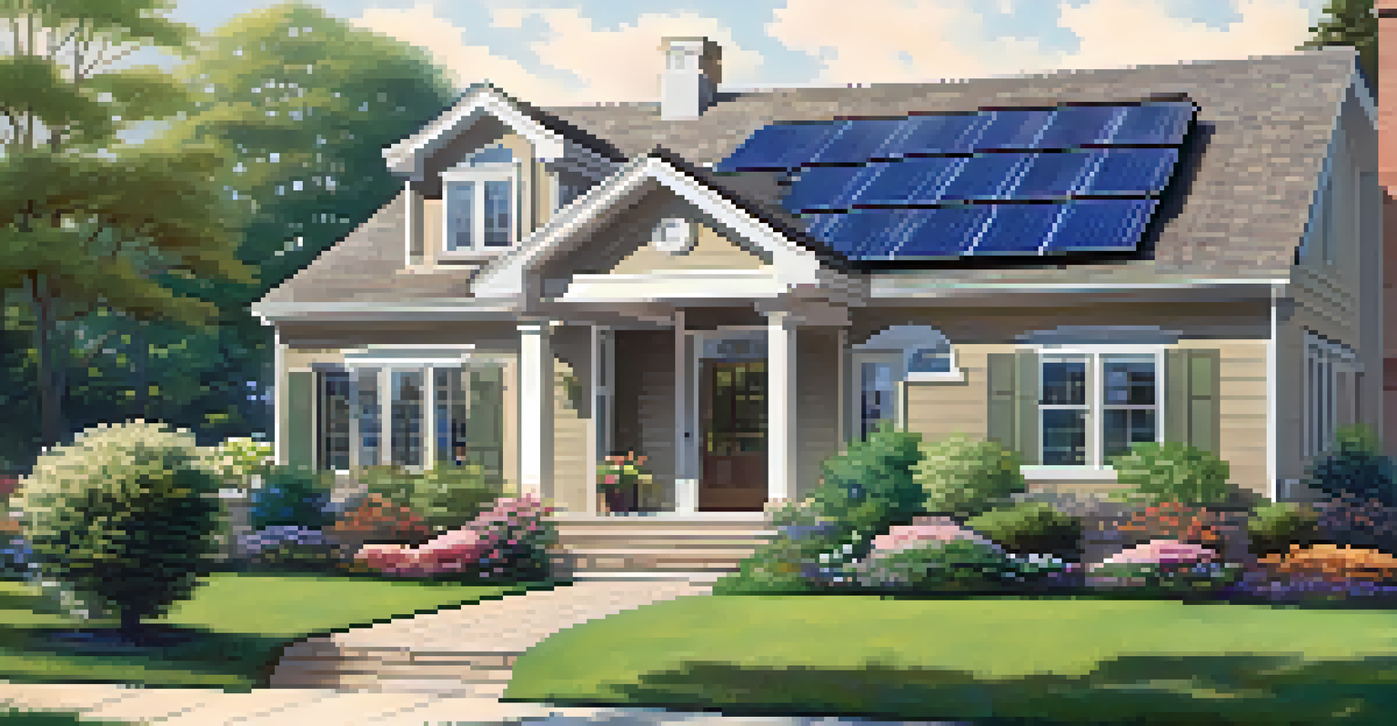 A suburban house with solar panels on the roof, surrounded by greenery and blooming flowers.