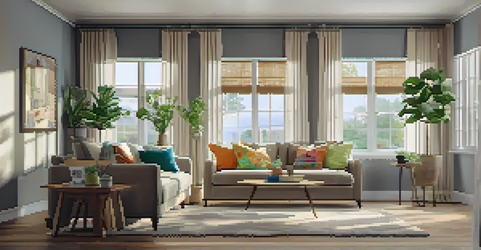 A warm and inviting living room with a sofa, coffee table, and soft natural light.