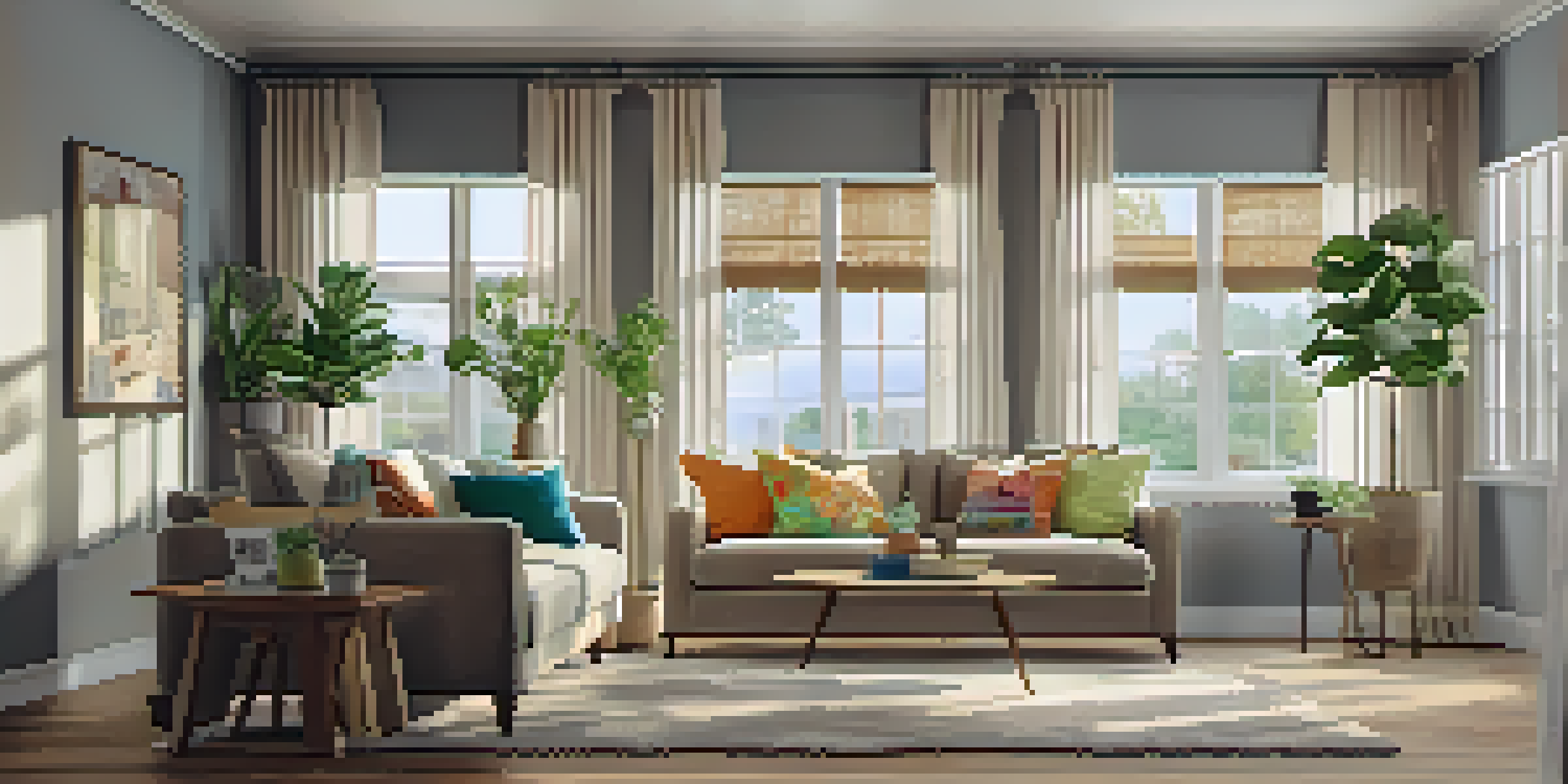 A warm and inviting living room with a sofa, coffee table, and soft natural light.