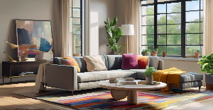 A warm and inviting living room featuring a comfortable sofa, colorful cushions, and a potted plant, illuminated by sunlight through a large window.