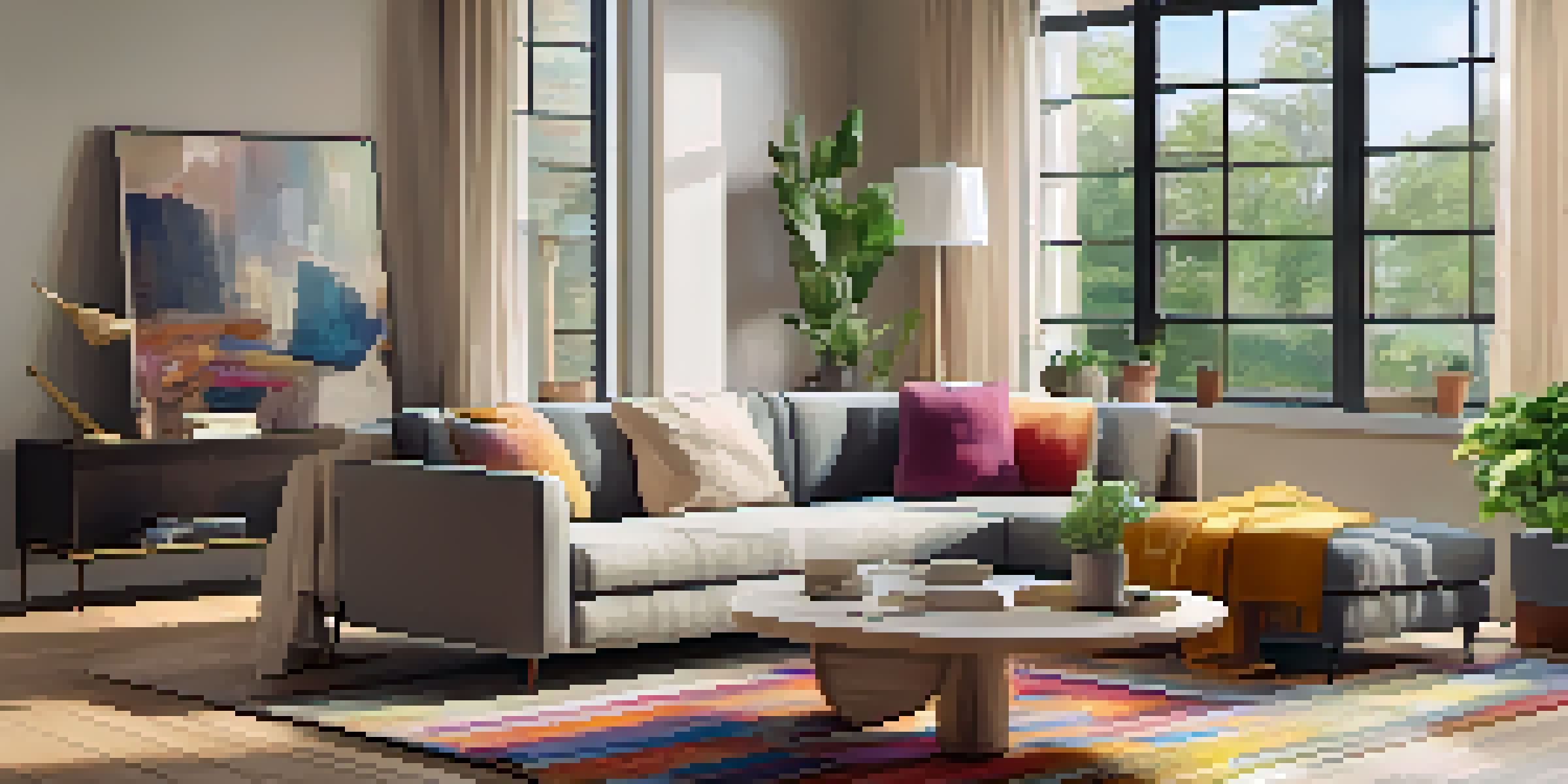 A warm and inviting living room featuring a comfortable sofa, colorful cushions, and a potted plant, illuminated by sunlight through a large window.