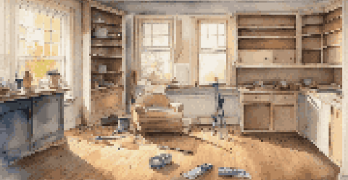 A cozy living room being renovated, with tools and materials scattered, warm lighting, wooden floor, and a partially installed kitchen cabinetry in the background.