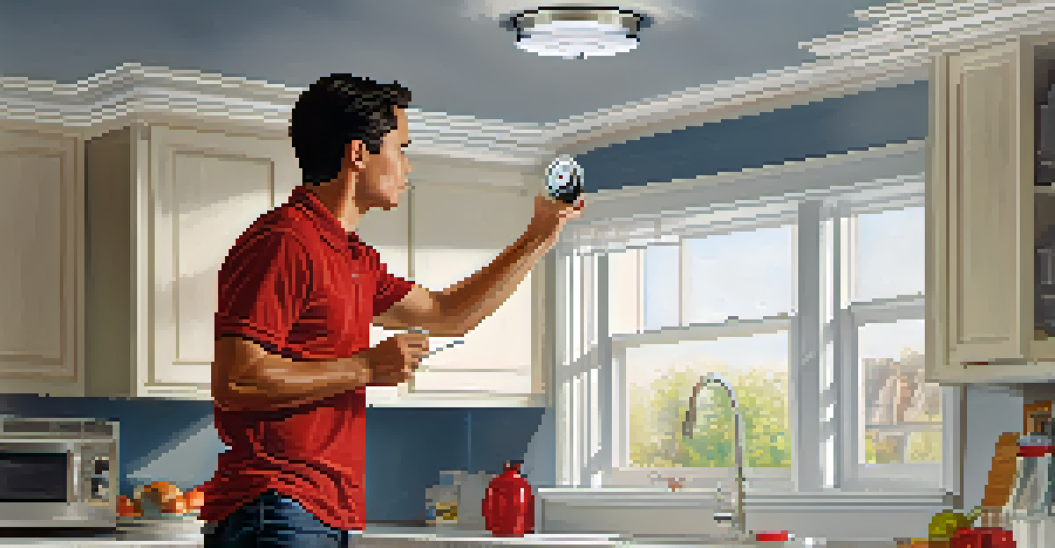 A person inspecting a smoke detector in a bright kitchen, highlighting home safety and maintenance.
