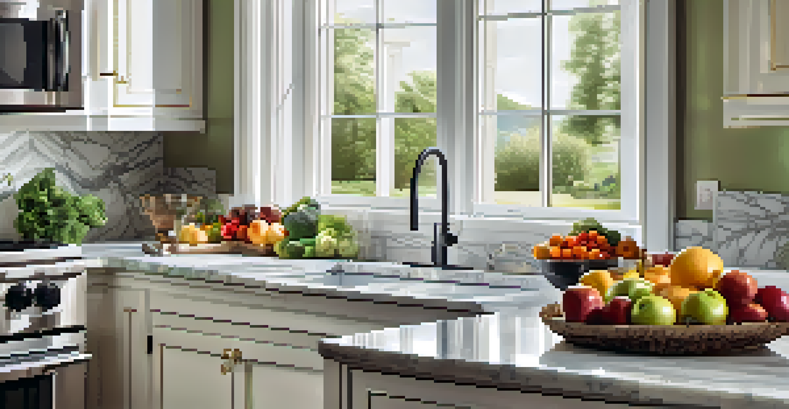 A modern kitchen with marble countertops and fresh produce on display, illuminated by soft natural light.