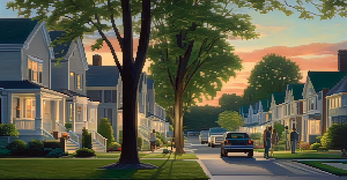 A suburban neighborhood at dusk with well-kept homes and residents gathered for a community meeting.