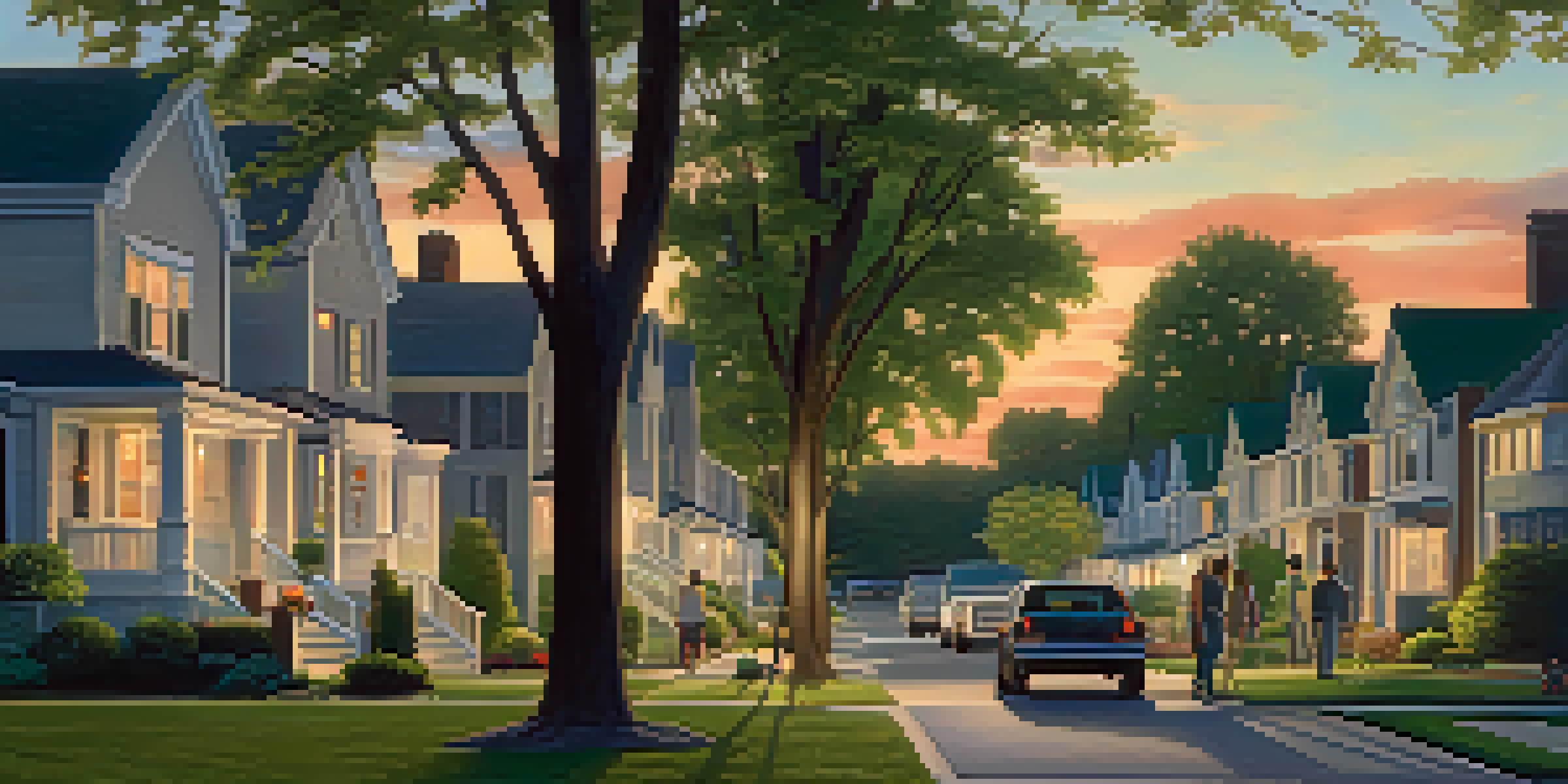 A suburban neighborhood at dusk with well-kept homes and residents gathered for a community meeting.