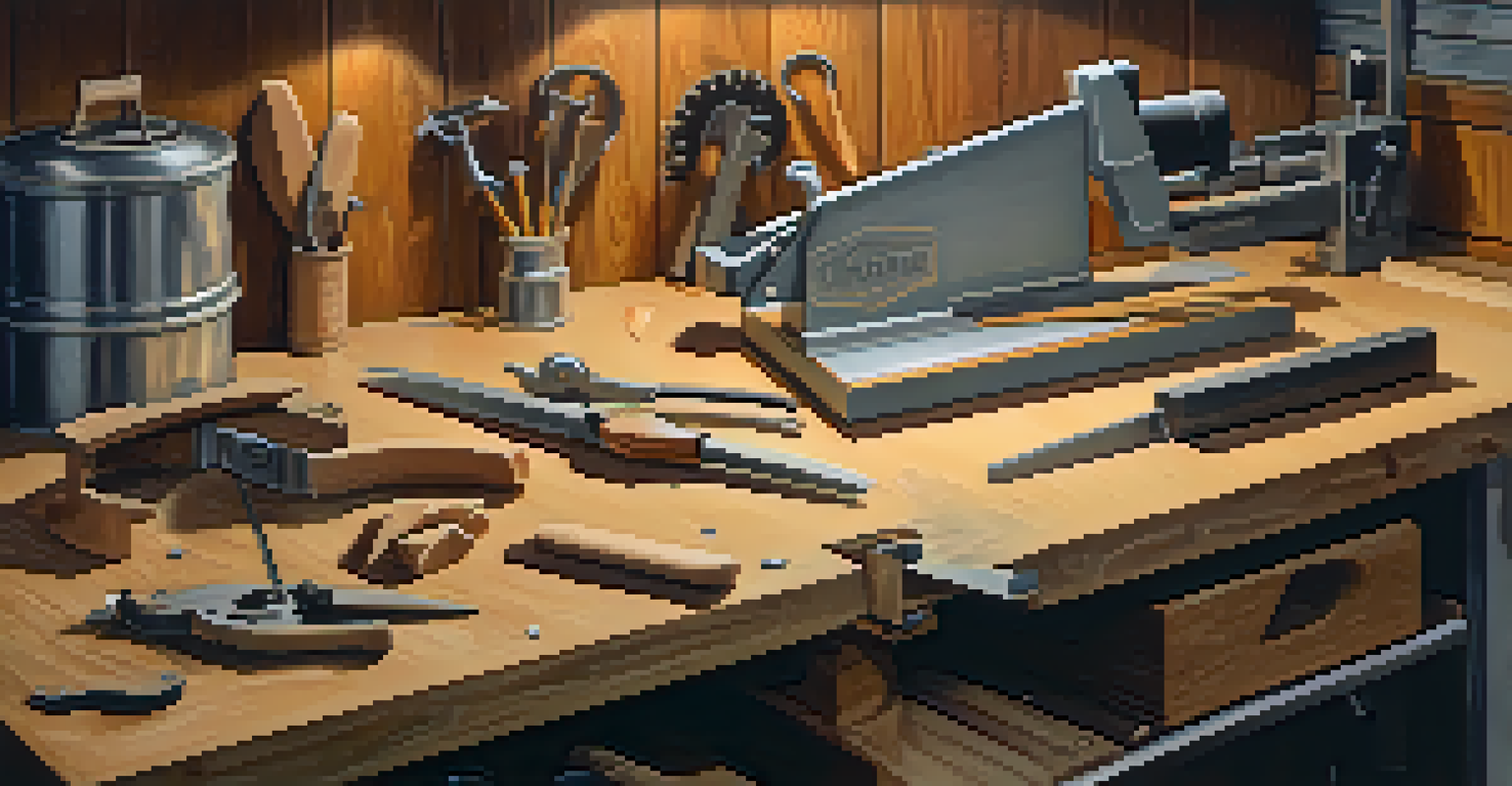 Cutting tools and freshly cut wooden pieces on a textured workbench.