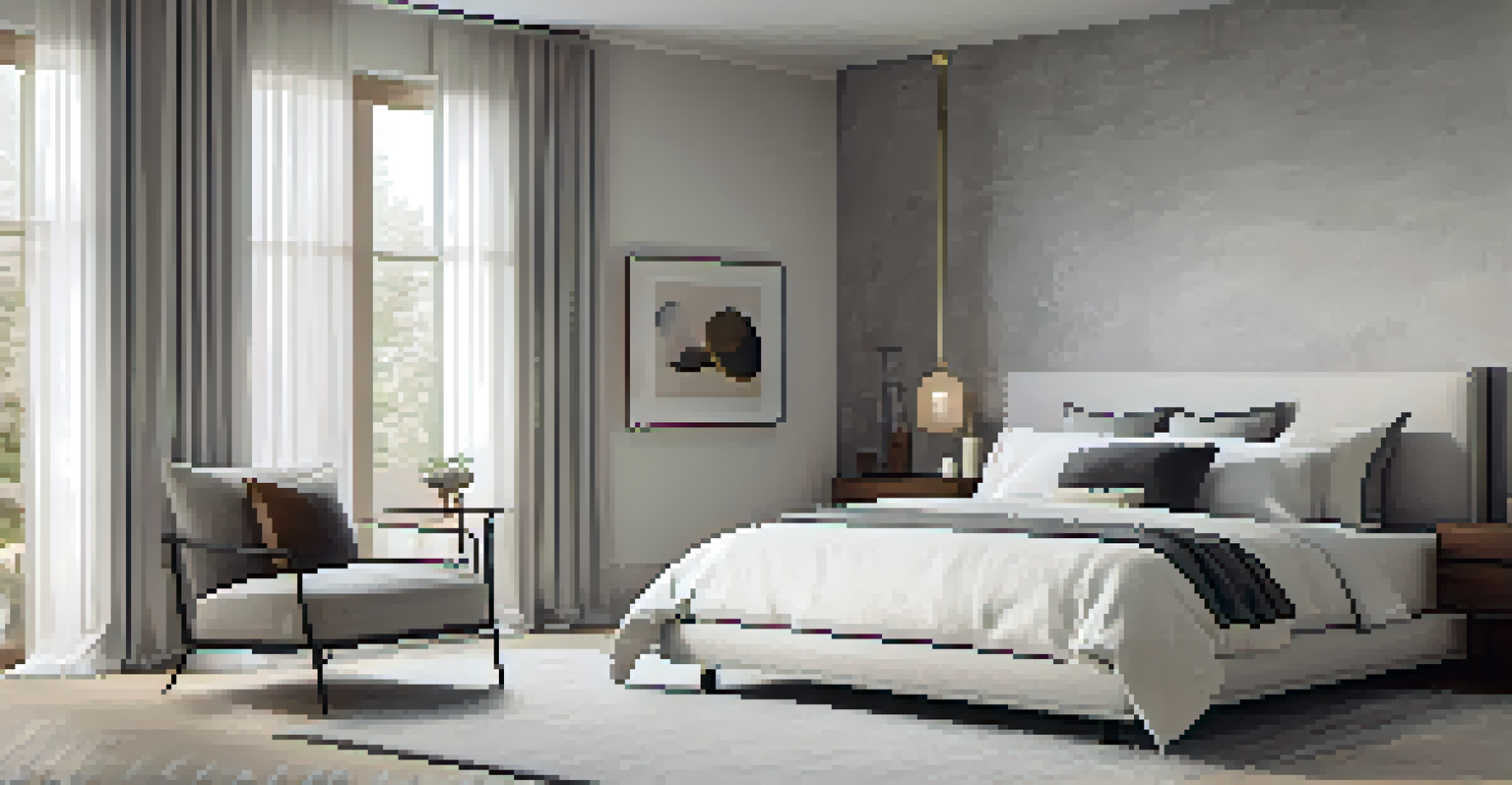 A modern bedroom with a smooth gray textured wall, white linens on the bed, and soft natural lighting.