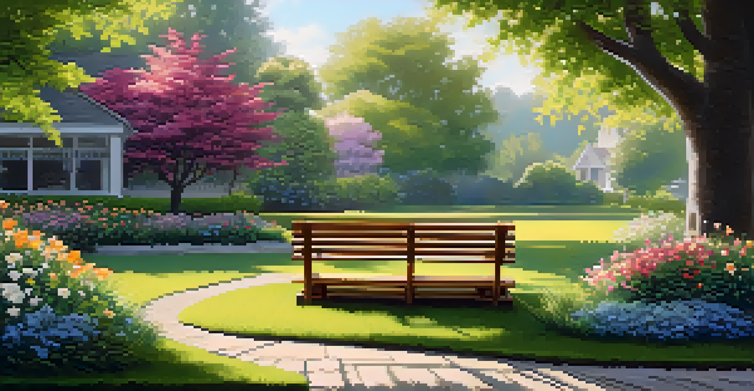 A serene garden with vibrant flowers and a wooden bench under a tree, creating a tranquil outdoor space.