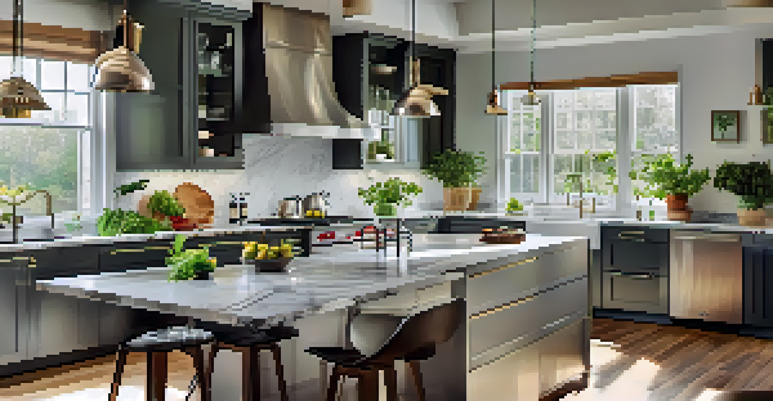 A bright and spacious kitchen featuring a marble island and modern appliances, illuminated by sunlight with fresh herbs on the countertop.