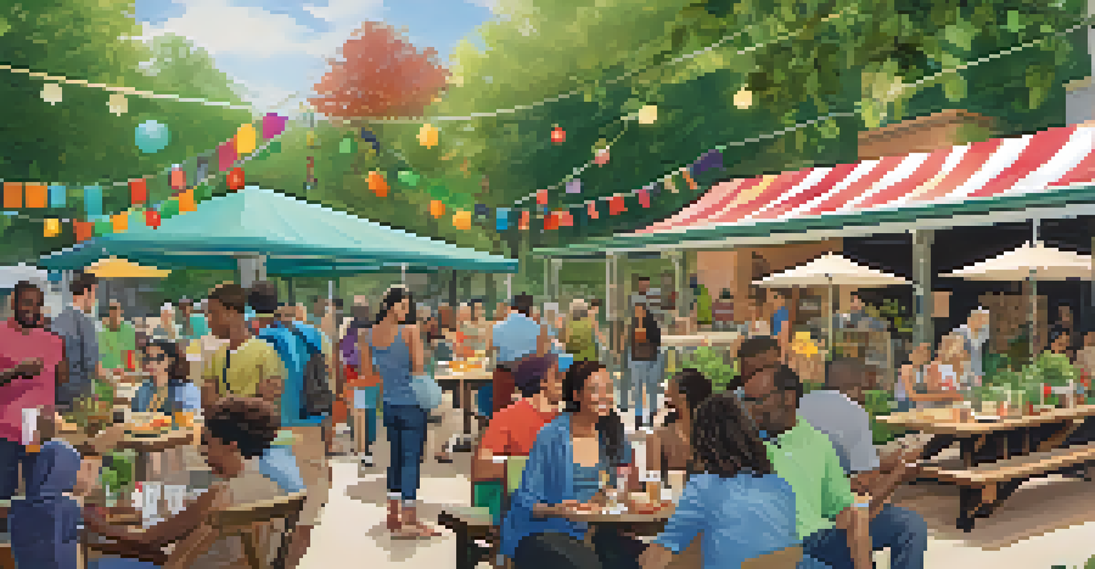 A community space with diverse tenants enjoying a social event with picnic tables and greenery.