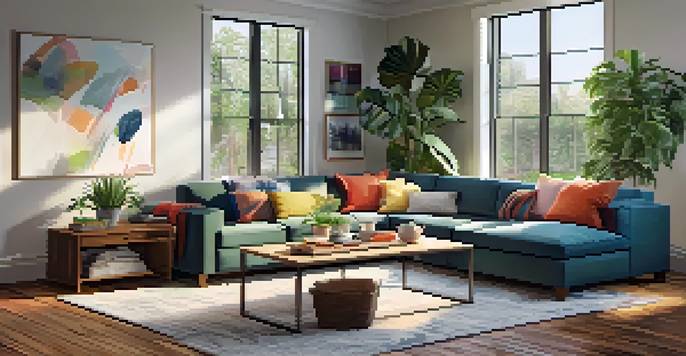 A warm and inviting family living room with multi-functional furniture, large windows, and indoor plants.