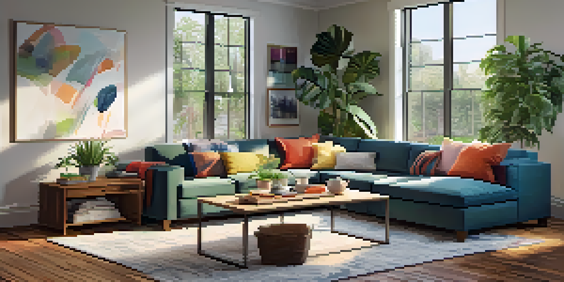 A warm and inviting family living room with multi-functional furniture, large windows, and indoor plants.