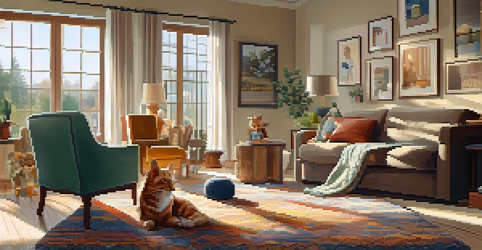 A warm living room scene with a grandmother knitting and a child playing, surrounded by family photos and sunlight.