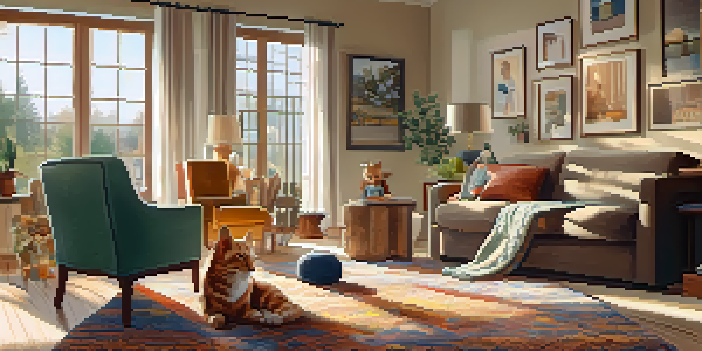 A warm living room scene with a grandmother knitting and a child playing, surrounded by family photos and sunlight.