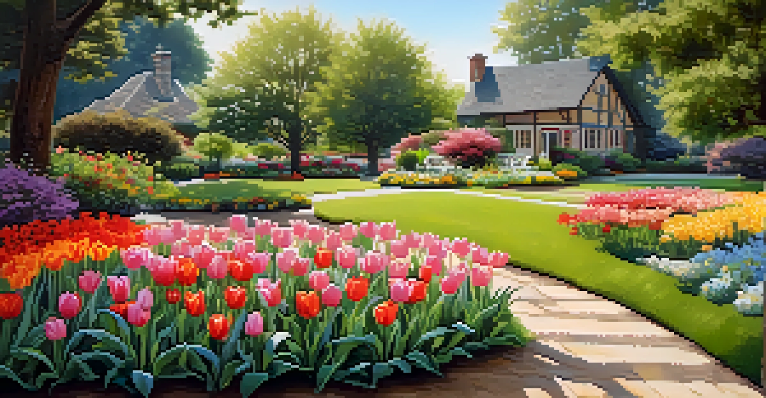 A colorful garden with blooming flowers, a manicured lawn, and a bench under a tree.