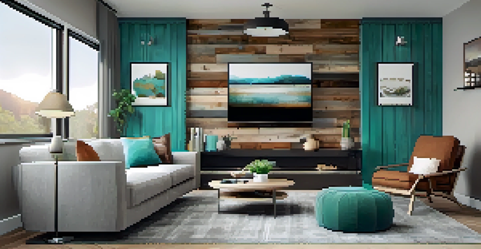 A cozy living room with a reclaimed wood wall, gray furniture, and teal accents, illuminated by soft natural light.