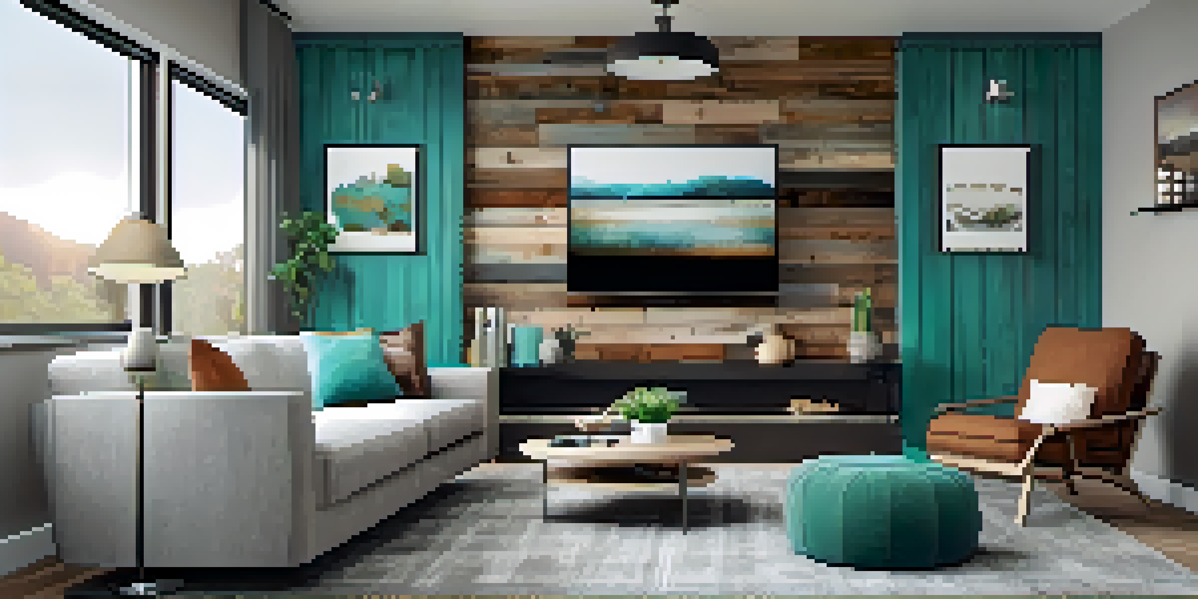 A cozy living room with a reclaimed wood wall, gray furniture, and teal accents, illuminated by soft natural light.