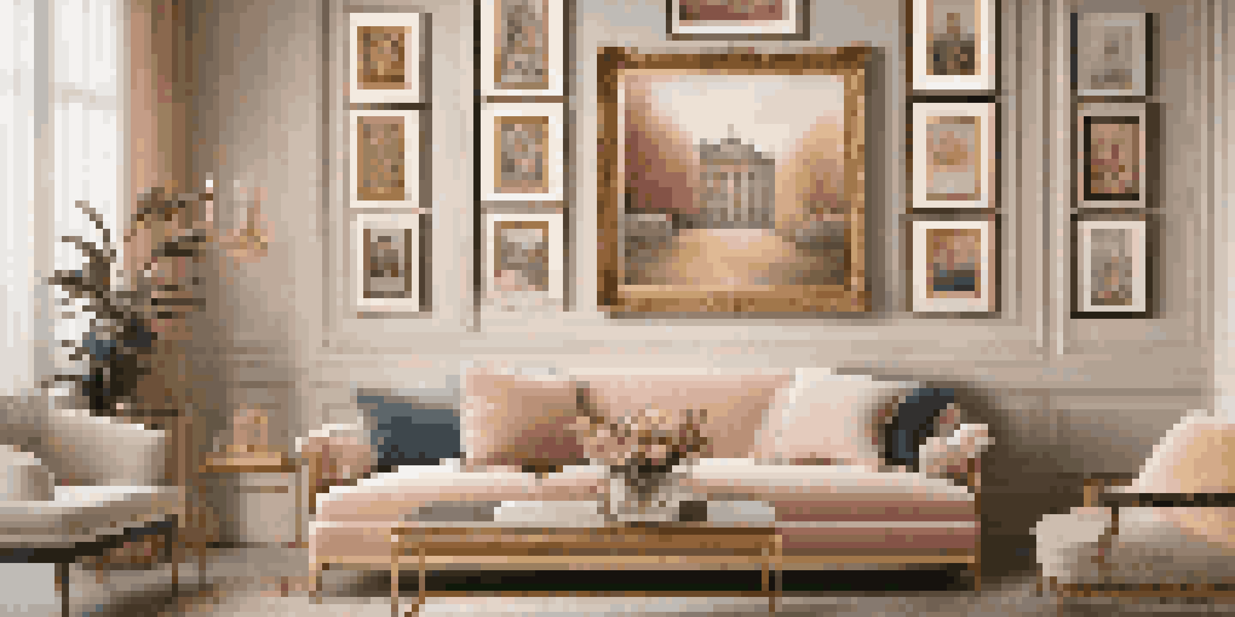 A gallery wall displaying classic wall art in a cozy living room with warm lighting and intricate details.