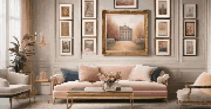 A gallery wall displaying classic wall art in a cozy living room with warm lighting and intricate details.