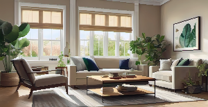 A bright and inviting living room with a modern sofa, wooden coffee table, and large window letting in sunlight, decorated with art and a potted plant.