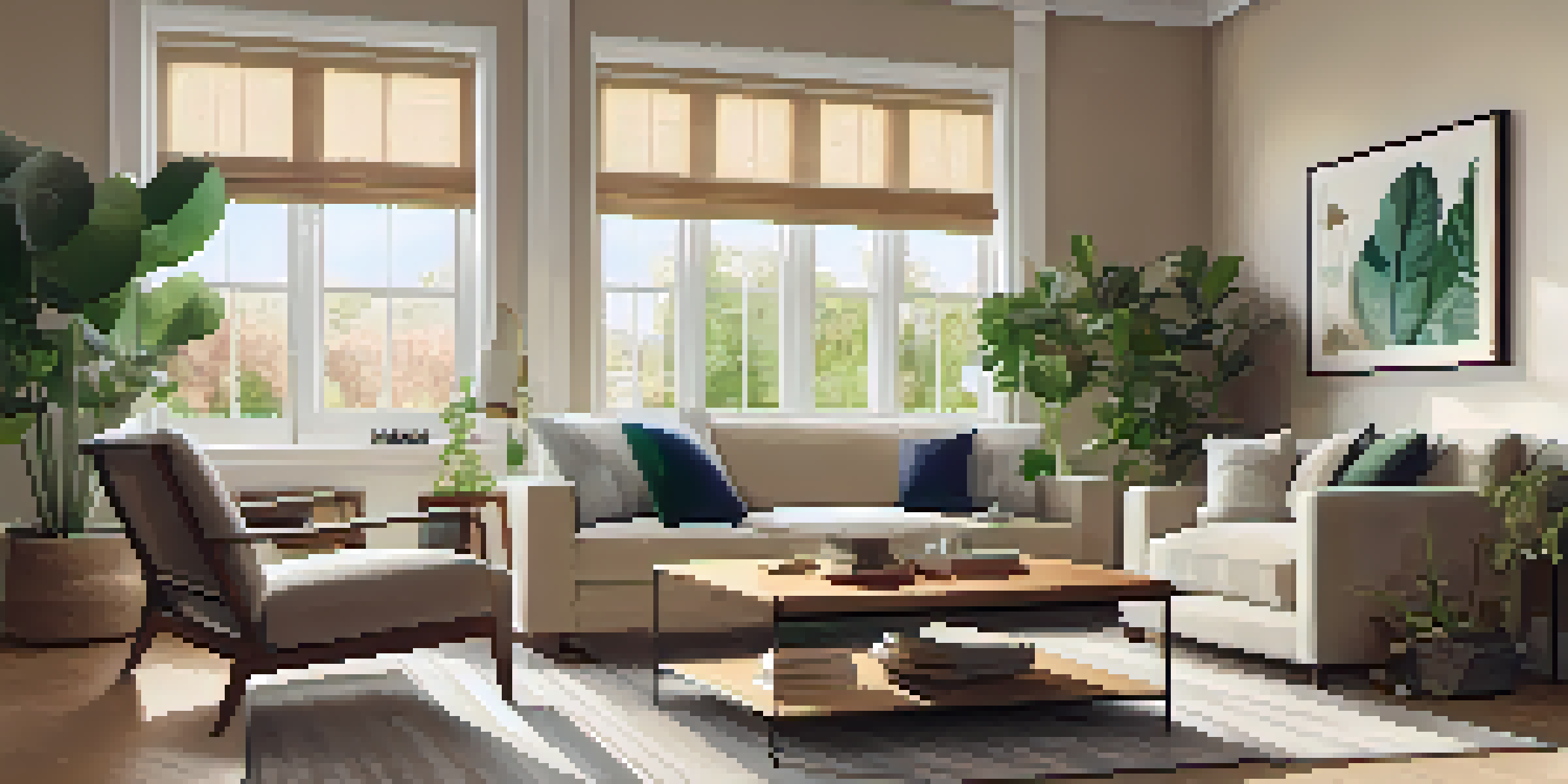 A bright and inviting living room with a modern sofa, wooden coffee table, and large window letting in sunlight, decorated with art and a potted plant.