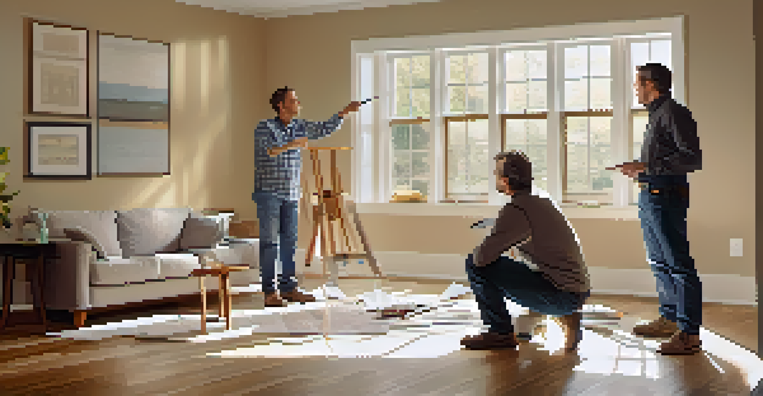 A contractor and homeowners discussing renovation plans in a partially renovated living room.