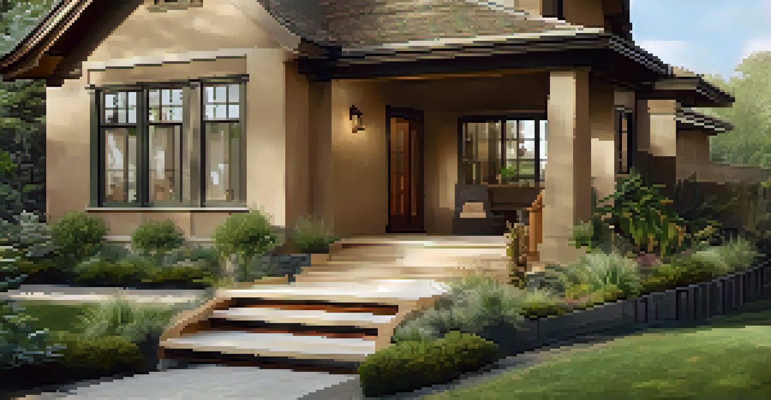 A welcoming home exterior with a gently sloped ramp leading to the entrance, surrounded by greenery.