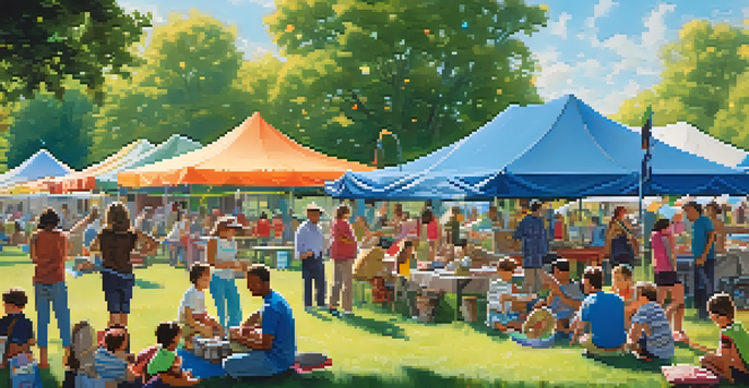 A vibrant community event in a park with families, vendors, and children playing, set against a bright blue sky.