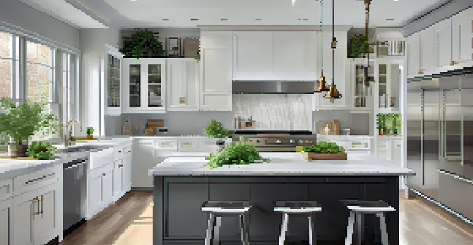 A modern kitchen with sleek cabinetry, a large island, and natural light streaming through large windows.