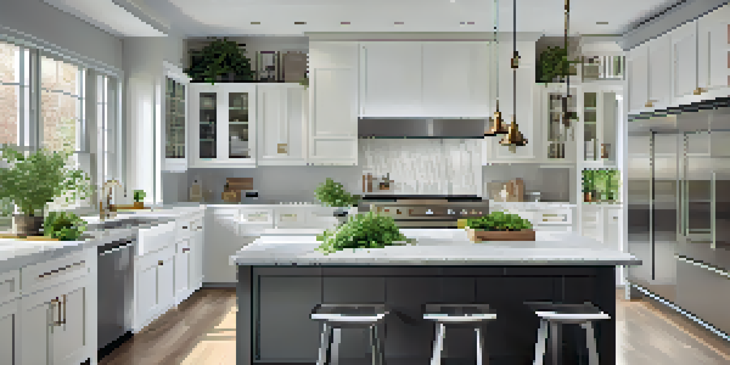 A modern kitchen with sleek cabinetry, a large island, and natural light streaming through large windows.