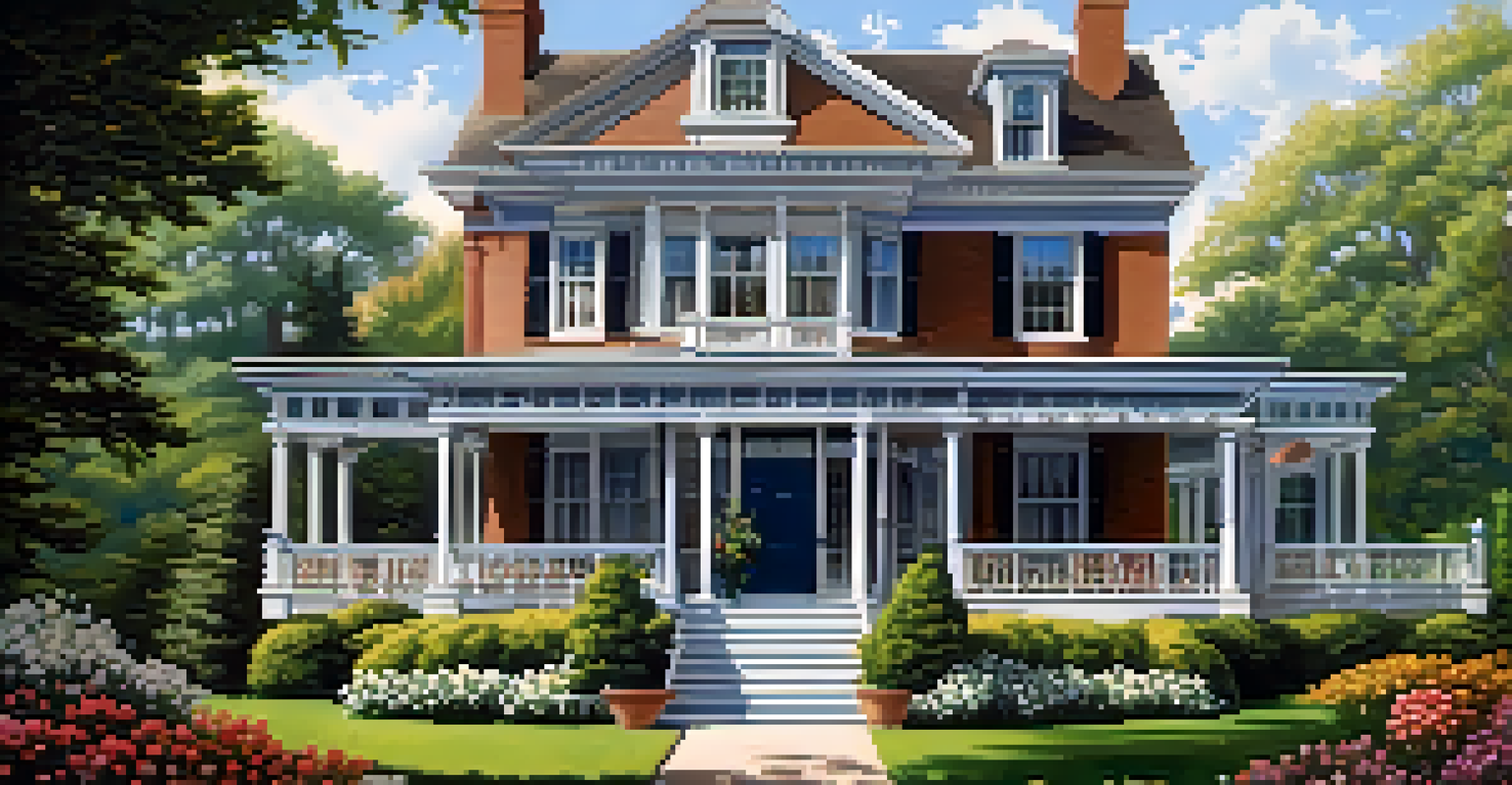 A historic home with a wrap-around porch and a colorful garden filled with flowers, set against a bright blue sky.