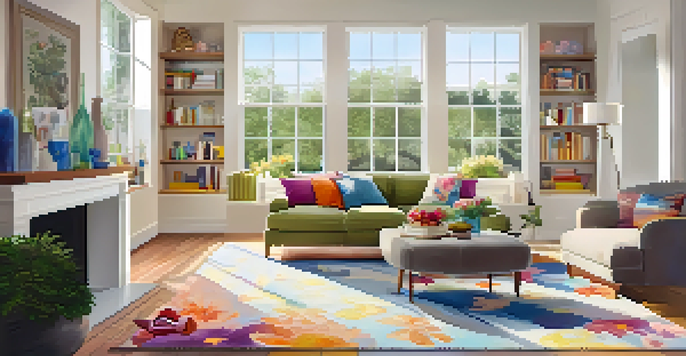 A sunlit living room that appears clean and organized, featuring a cozy couch and colorful pillows, with a view of flowers through the window.